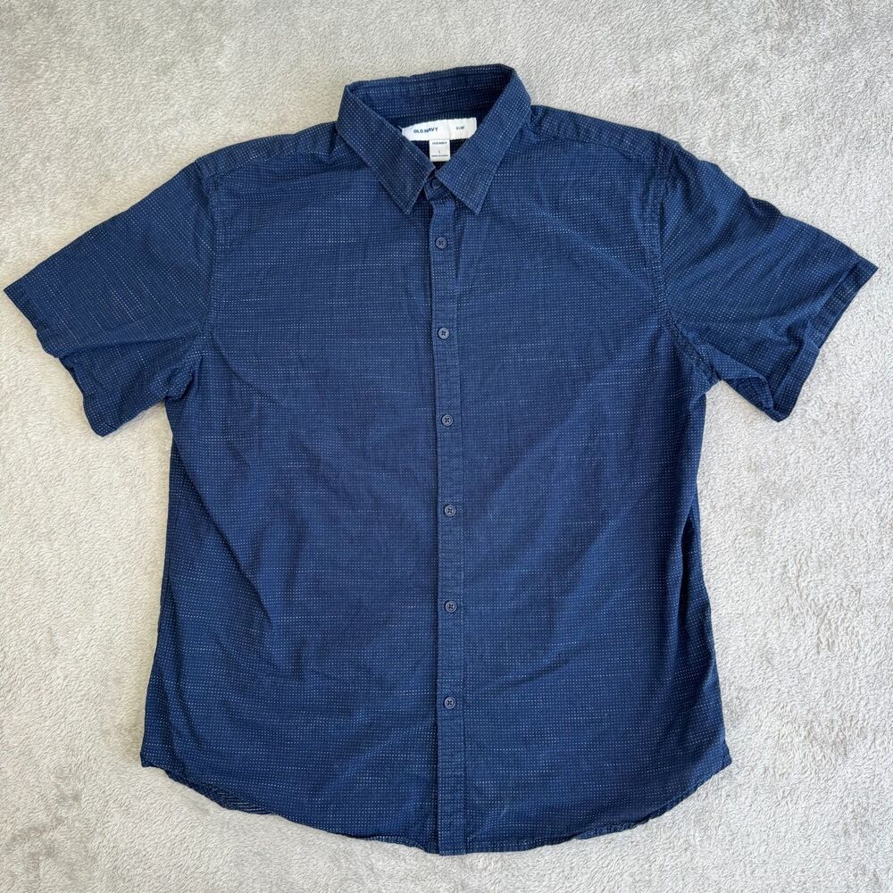 Old Navy Shirt Mens Large Blue Micro Polka Dot Slim Fit Short Sleeve Button Up